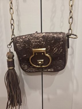 Rafe New York Brown Sequin Leather Crossbody with Tassel Charm Gold Chain